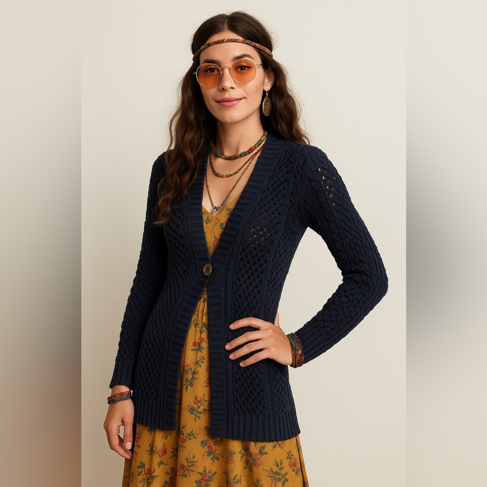 Rosie Neira Navy Blue Crochet Knit Cardigan Sweater XS